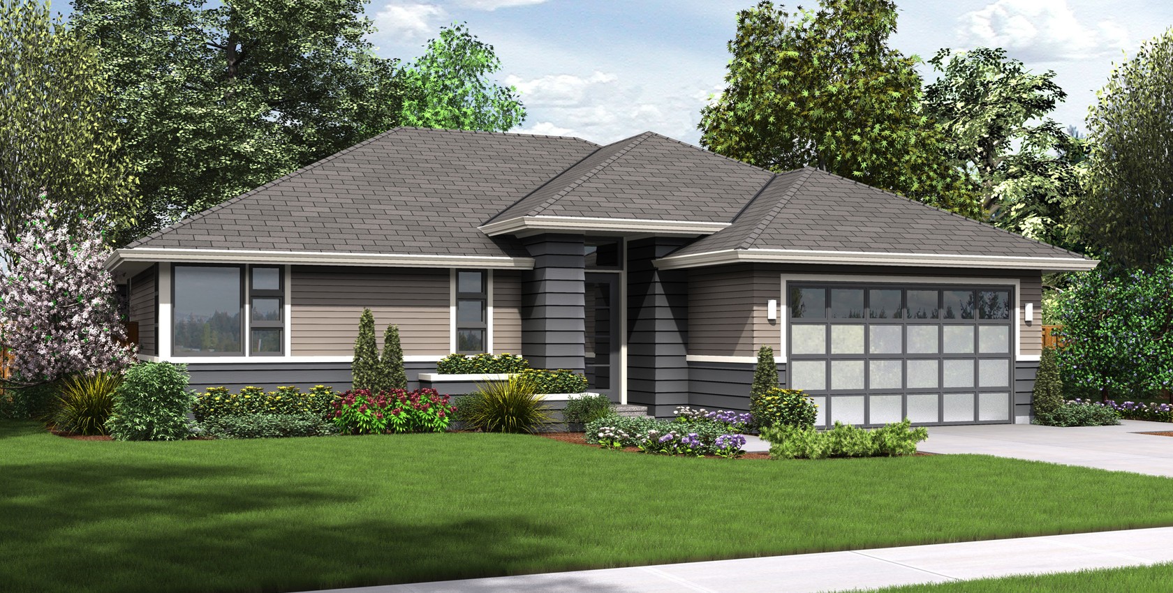 Mascord House Plan 1169ES The Modern Ranch   1169ES Front Rendering DIMG 1680x850 